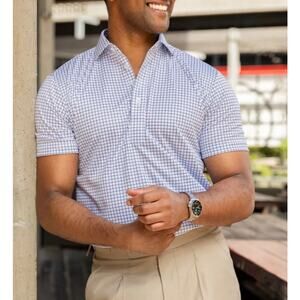 NWT Collars & Co Blue Grid Dress Collar Polo Shirt Men’s Large 4-Way Stretch